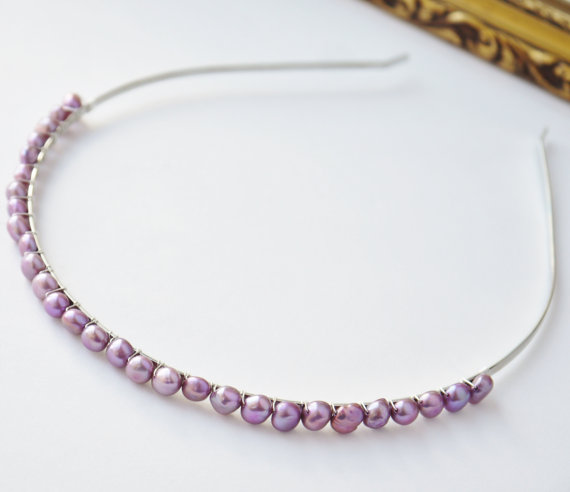 Свадьба - purple pearl headband - lilac purple nugget pearl silver alice band for wedding bridesmaid or flowergirl