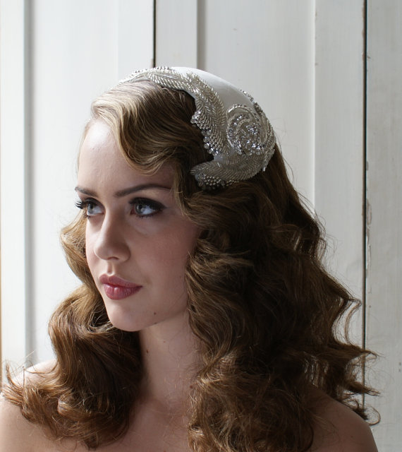زفاف - Art Deco  Headpiece, Wedding accesory 'Silver Screen Goddess' white, ivory, cream, champagne, black