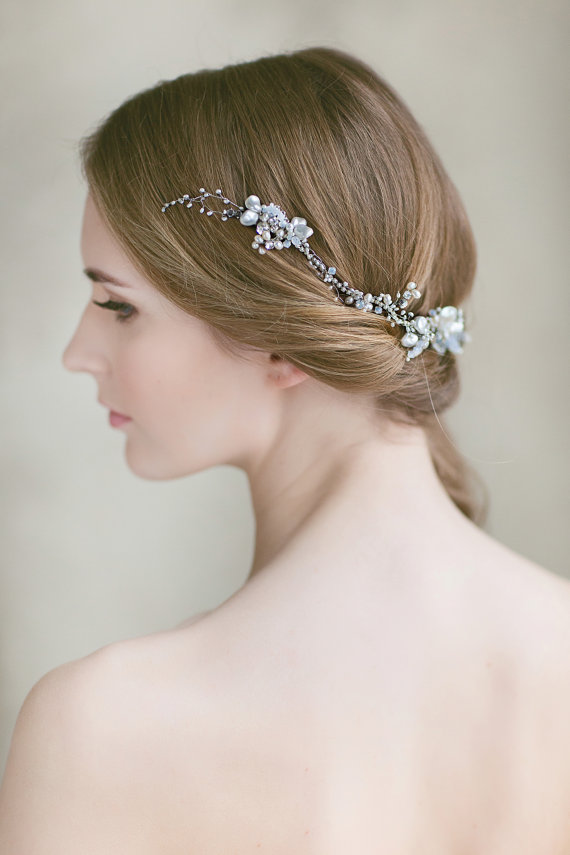 Wedding - Wedding Pearl Hair Comb ,Bridal Hair Comb ,Pearl Hair Vine ,Wedding Bridal Hair Accessories, Opal Accented Floral Bun Wrap