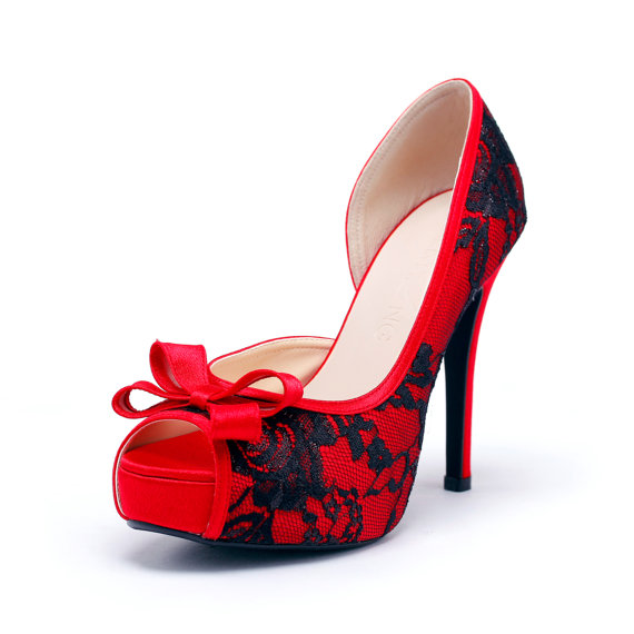 Mariage - Lady Catherine, Rec  Wedding Heels, Red Wedding Shoes with Black  Lace, Red Wedding Heels, Red Bridal Heels with Black Lace Overlay