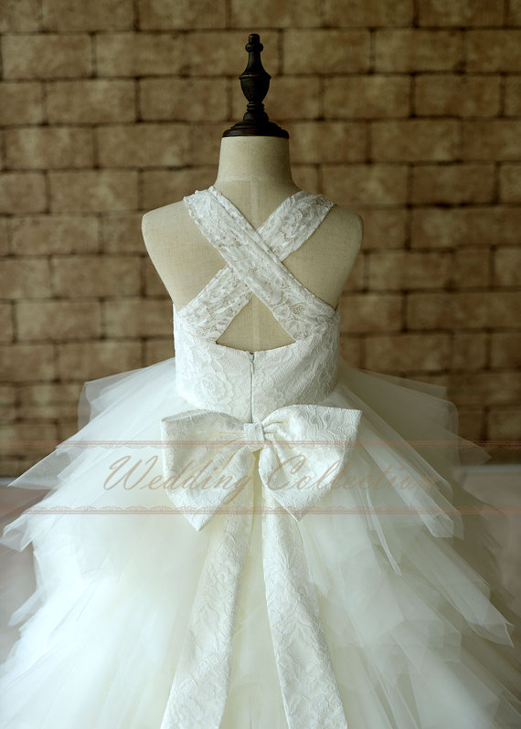 Mariage - Lace Flower Girl Dress Cross Back Tulle Ball Gown Floor Length