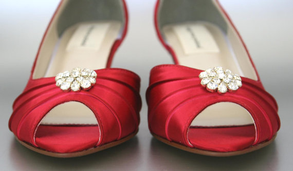 Hochzeit - Red Wedding Shoes / Bride on Budget Wedding Shoes / Peeptoes / Wedding Shoes Low Heel / Silver Crystal Bridal Shoes