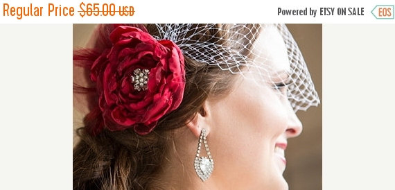 زفاف - On Sale Scarlet Red bridal hair accessories , bridal hair flower, wedding veil Floral Fascinator with birdcage bandeau veil