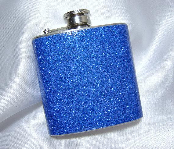 زفاف - 3 oz. Womens Glitter Hip Flask Sparkling Royal Blue w/ Tote and funnel - Great Gift Idea