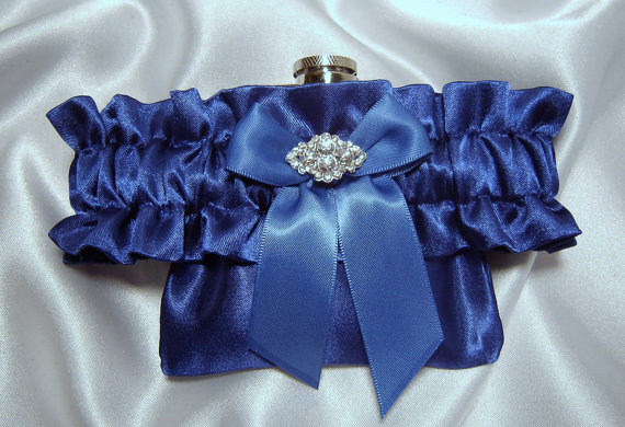 Wedding - Flask Garter - Royal Blue Satin Flask Garter with Royal Blue  Bow and Crystal Charm -  3 oz Stainless Steel Hip Flask Included