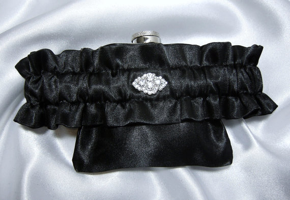 Mariage - Flask Garter - Black Flask Garter - Real Crystal Embellishment - 3 oz  Hip Flask and Funnel Included - Black Dress Accessories