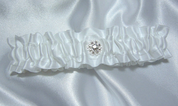 Hochzeit - White Wedding Garter - SINGLE - w/ Sterling Silver Swarovski Crystal Embellishment