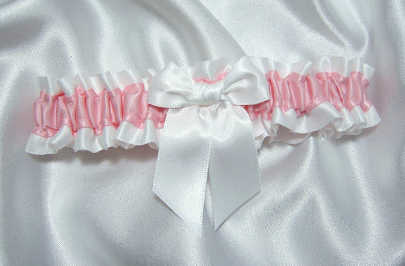 Hochzeit - Pink and White Wedding Garter w/ Hand-Tied Bow - Single - Plus Size Too