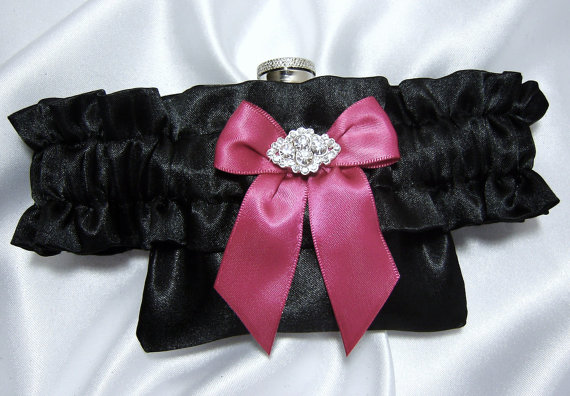 Wedding - Flask Garter - Black Satin Flask Garter w/ HOT Pink Bow and Sparkling Crystal Embellishment -  3 oz Flask Included - Great Bachelorette Gift