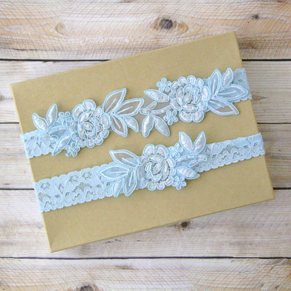 Mariage - Light Blue Embroidery Flower Lace Wedding Garter Set, Light Blue Garter Set, Toss Garter , Keepsake Garter,Something Blue  / GT-34A