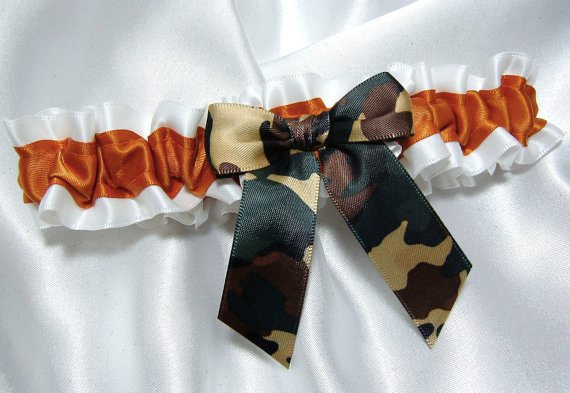 Hochzeit - Orange and White Satin Single Wedding Garter w/ Camouflage Hand Tied Bow
