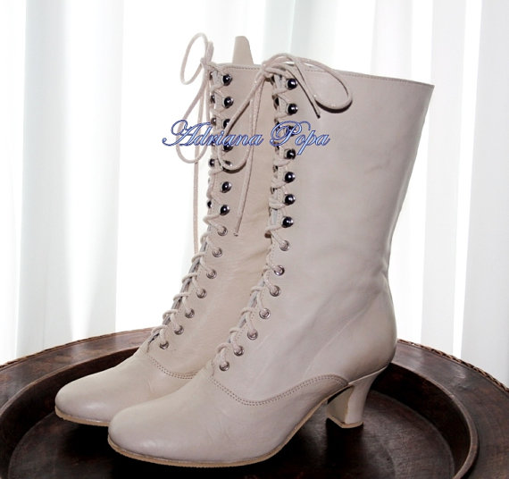 Mariage - Off White Wedding shoes Ivory Victorian Boots Bride shoes in Off White leather lace up and high heels Ankle boots Customized boots