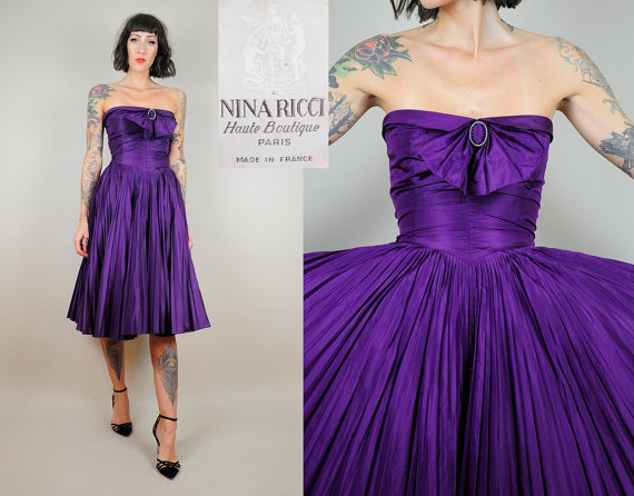 Hochzeit - NINA RICCI Haute Boutique Silk Full Sweep Dress Strapless Rhinestone Bow Circle Skirt Accordion Pleat Cocktail Formal xs