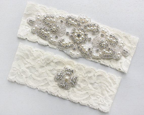 Hochzeit - ALANA - Ivory Stretch Lace Garter, Pearl Wedding Garter Set, Rhinestone Crystal Bridal Garters, Keepsake Garter