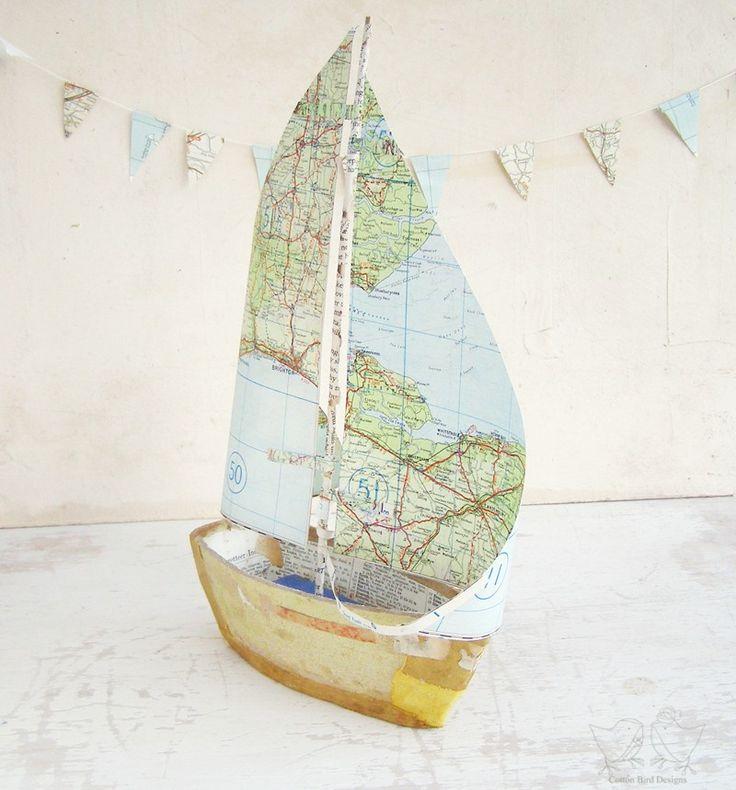 Wedding - Book Boat With Vintage Map Paper Sails - Recycled Books And Papers