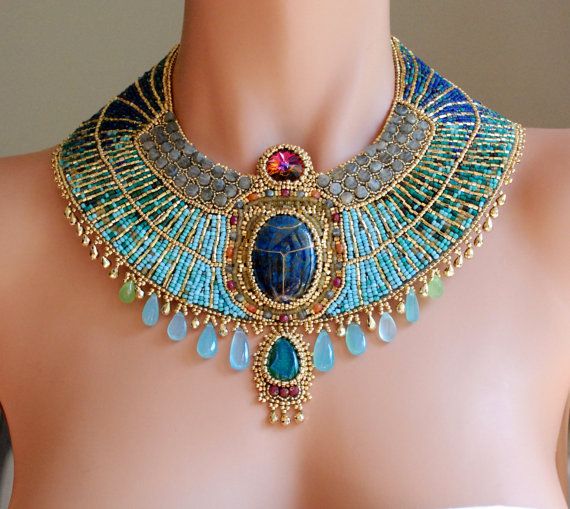 Wedding - Egyptian Goddess - RESERVED LISTING Gold Plate And Gemstone Statement Collar Necklace, Bead Embroidered, Egyptian Scarab Bib Necklace