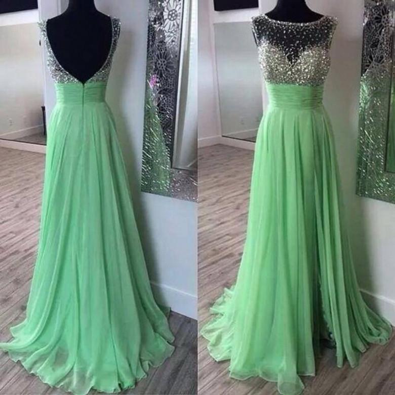 Hochzeit - 2015 Real Image Apple Green Long Evening Dresses Bateau Neckline Beaded Bodice A-line Sweep Train Chiffon Formal Gowns Long Party Prom Online with $95.95/Piece on Hjklp88's Store 