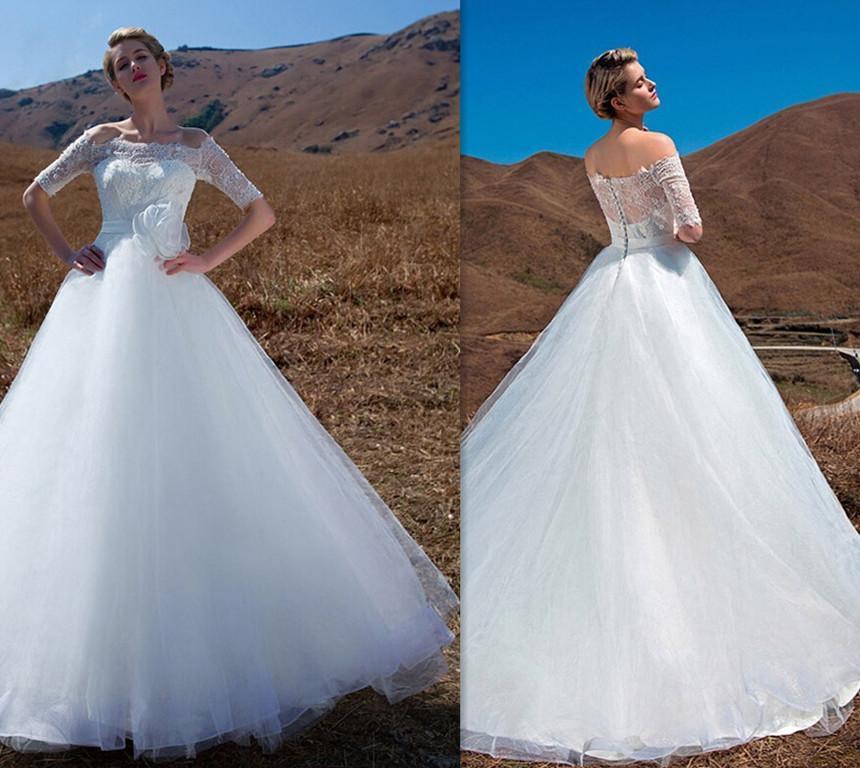 Mariage - 2016 New Arrival Ball Gown Wedding Dresses Illusion Bateau Neck Flower Sash Applique Tulle Lace Patterns Bridal Dresses with Short Sleeve Online with $122.83/Piece on Hjklp88's Store 