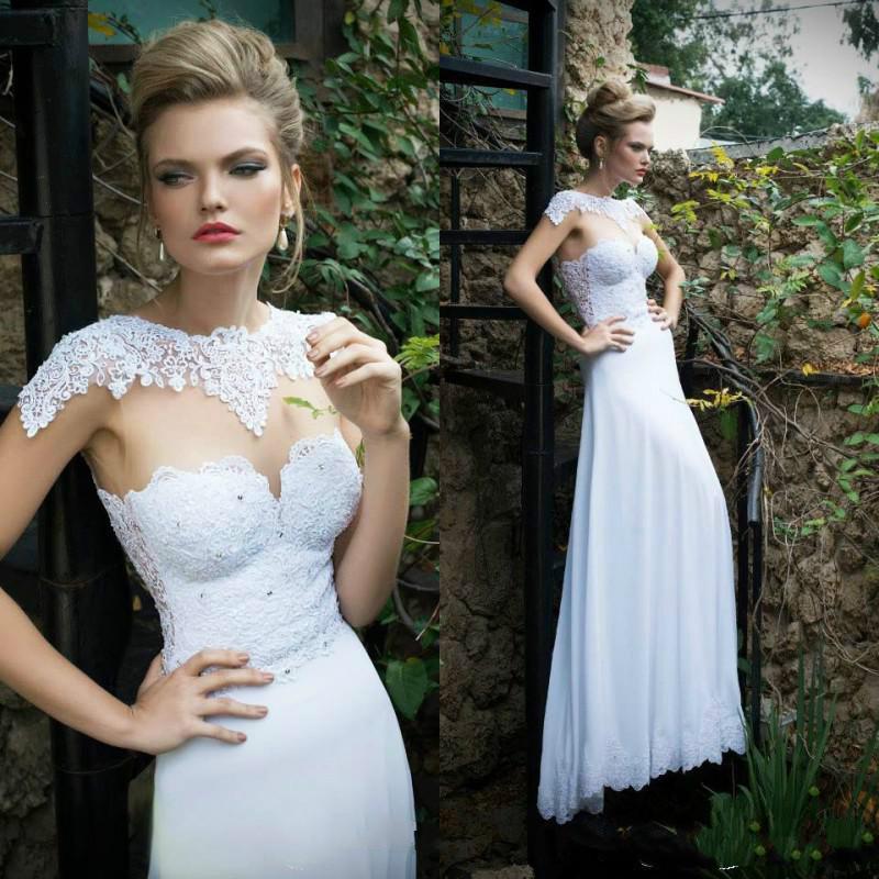 Свадьба - New Style Cheap Crew Neck Garden Wedding Dresses White Applique Sheer Chiffon Capped 2015 Simple Lace Bridal Dress Ball Gowns Custom Online with $113.93/Piece on Hjklp88's Store 