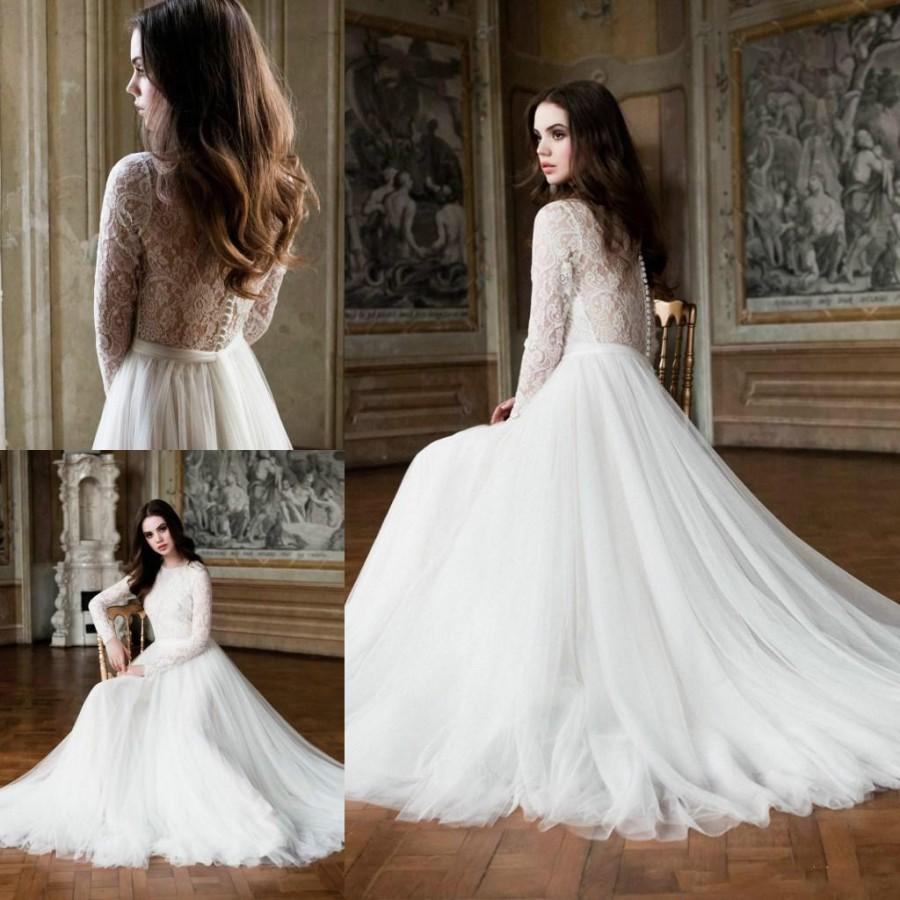 Wedding - Vintage Lace Long Sleeves Wedding Dresses A-Line Sheer Crew Covered Button Back White Church Tulle Train Bridal Dress Gowns Ball Muslim Online with $126.39/Piece on Hjklp88's Store 