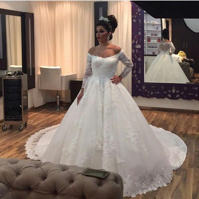 Wedding - Elegant Lace Appliques Wedding Dresses Gowns Organza Ilusion Sheer 2015 Off the Shoulder Long Sleeves Bridal Dress Court Train Ball Gown Online with $139.74/Piece on Hjklp88's Store 