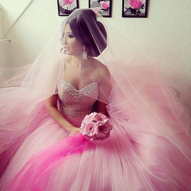 زفاف - Custom Made 2015 Pink Wedding Dresses Ball Gowns Sequins Sweetheart Neckline Sleeveless Beaded Tulle Colored Bridal Dress Chapel Train Online with $132.62/Piece on Hjklp88's Store 