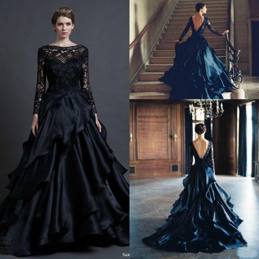 Wedding - Gorgeous Black Long Sleeve Wedding Dresses Gown 2015 Winter Sheer Draped Fashion Lace Scoop Backless A-line Bridal Ball Dresses Plus Size Online with $131.73/Piece on Hjklp88's Store 