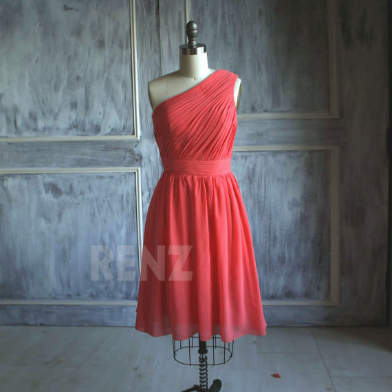 Свадьба - 2015 Coral Bridesmaid dress, Orange Red Short Wedding dress, One Shoulder Evening dress, A line Chiffon Formal dress, Prom dress (B083A)