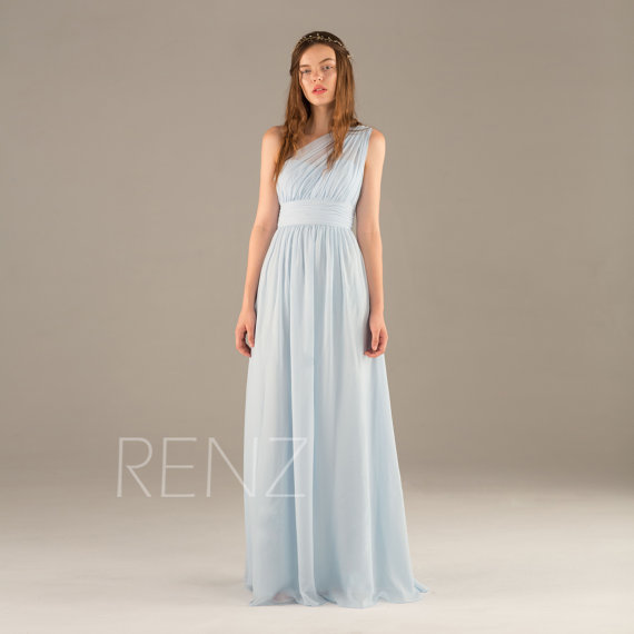 زفاف - 2015 Light Blue Bridesmaid Dress,Long Chiffon Prom Dress, ice Blue One Shoulder Formal Wedding Dress, Asymmetric Backless Party Dress (T112)