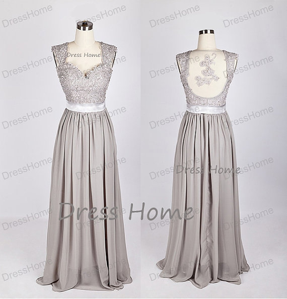 Hochzeit - Grey Lace Prom Dress/Long A Line Prom Dress/Open Back Chiffon Prom Dress/Bridesmaid Dress/Homecoming Dress/Party Dress/Prom Dress DH131