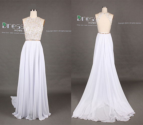 Hochzeit - Sweet 16 White High Neck Gold Beading Open Back A Line Long Flowy Prom Dress/Long Chiffon Homecoming Dress/Sexy Evening Party Dress DH249