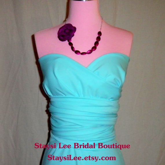 Mariage - Aqua Blue Convertible Wrap Twist Knee Length Dress...68 Colors... Bridesmaids, Wedding, Honeymoon, Tropical,  Vacation