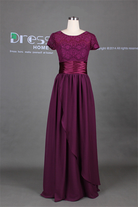 Свадьба - New 2014 Fuchsia Short Sleeves Lace A Line Long Bridesmaid Dress/Mother of the Brides Dress/Wedding Party Dress/Elegant Simple Wedding DH268