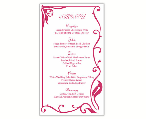 Свадьба - Wedding Menu Template DIY Menu Card Template Editable Text Word File Instant Download Fuchsia Hot Pink Menu Card Printable Menu 4x7inch