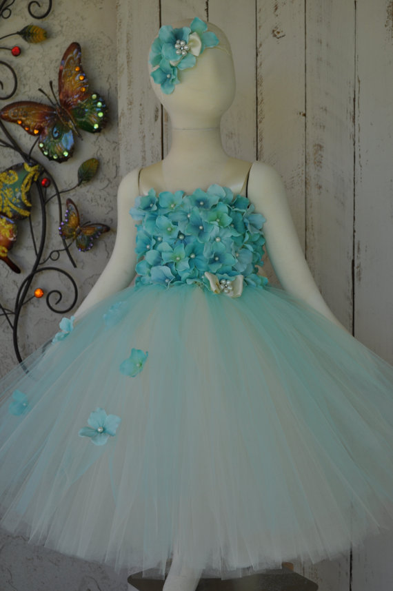 Mariage - Aqua Flowergirl Dress,Girls Capri Blue Special Occasion Dress,Toddler Blue Dress, Infant Aqua Blue Dress,Girls Beach Dress, Ivory Aqua Dress