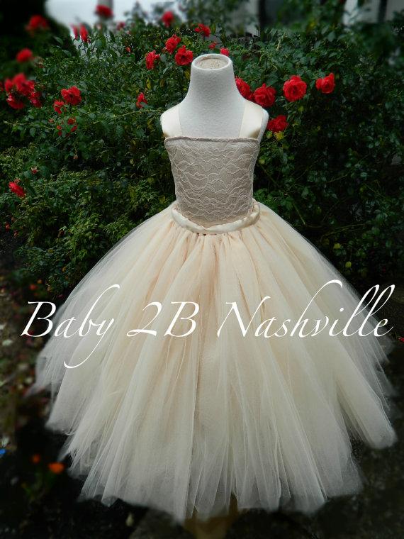 Mariage - Vintage Champagne Lace Flower Girl Dress, Wedding Flower Girl  Dress, Cream Lace Tutu Dress   All Sizes Girls