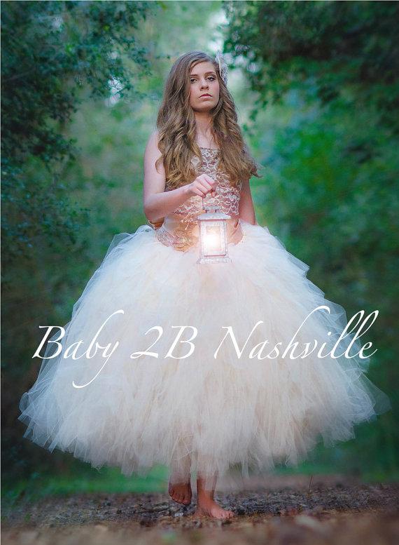 Wedding - Rustic Burlap and Champagne Lace Flower Girl Dress, Rustic Wedding Flower Girl  Dress, Champagne and Gold Lace Tutu Dress  All Sizes Girls