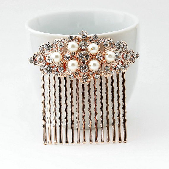 Wedding - Rose Gold Hair Comb Wedding Accessories Silver Hair Comb Swarovski Pearl Bridal Headpiece
