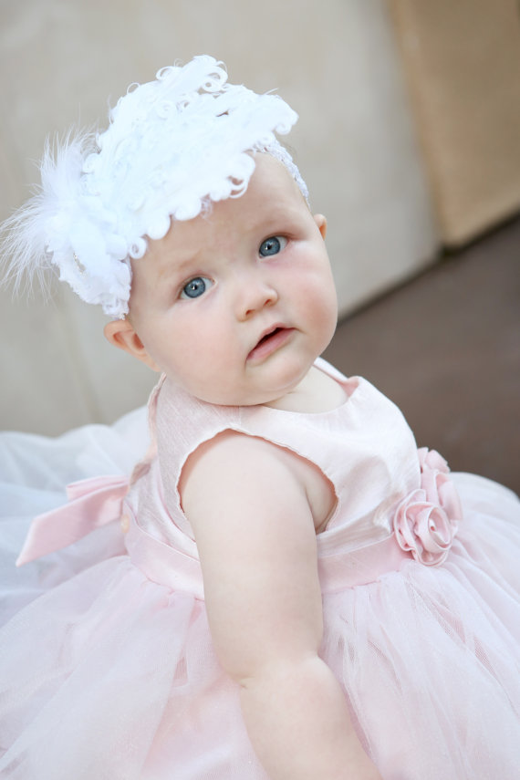 Wedding - White Baby headband, Baby headbands, white feather headband,baptism headband, Christening headband, Easter Headband ,baby girl headband.