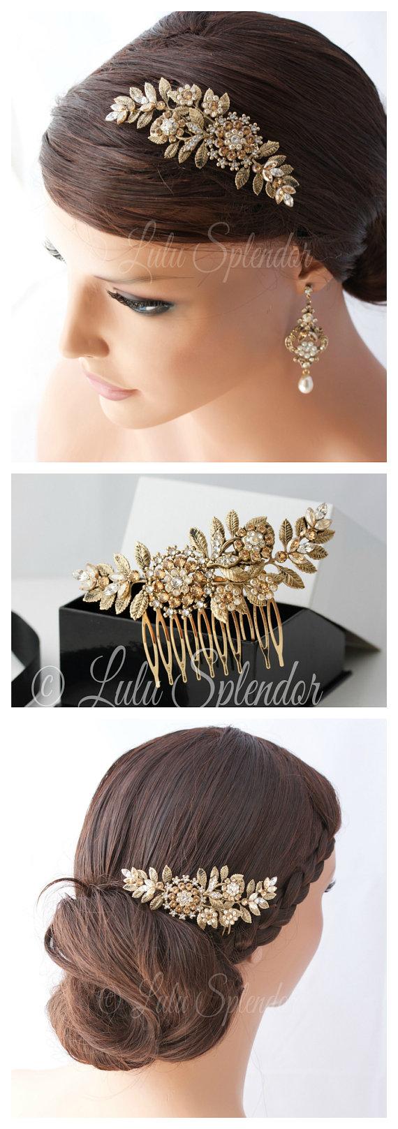 Свадьба - Bridal Hair Comb Vintage Leaf Leaves Wedding Comb Antique Gold  Golden Shadow Crystal Pearl Side Comb Hair Accessories  IVY