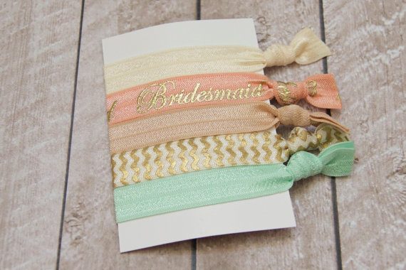 Hochzeit - Set of 5 Bridesmaid Elastic Hair Ties in Ivory, Peach Bridesmaid Print, Tan, Gold Metallic Chevron, and Pastel Green - By Couture Flower