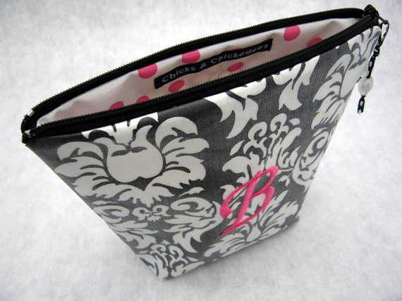 Hochzeit - Makeup Bag - Cosmetic Bag  - Large Monogrammed and Wipeable - 1 letter monogram included - Black Damask with Dark Pink Accents