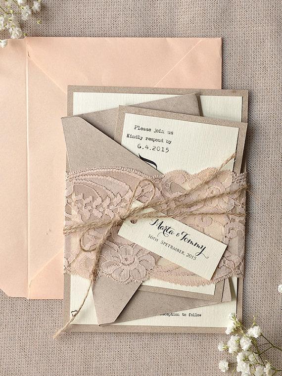 Mariage - Custom listing (100) Rustic Lace  Wedding Invitation, Calligraphy Wedding Invitations , Recycled Lace Wedding Invitation,  Eco Friendly