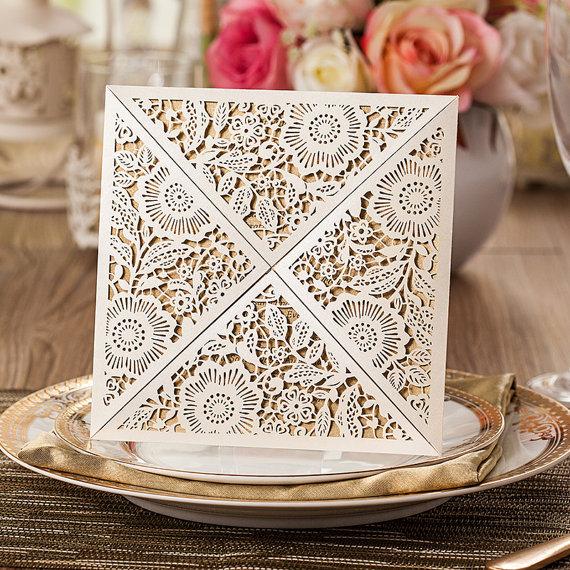 زفاف - 60 Luxury White Wedding Invitation Wraps with Shiny Silver Inserts; White and Gold Bridal Shower Invitation Cards  - Set of 60
