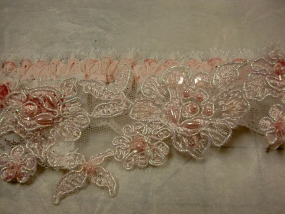 Mariage - Bridal Garter Wedding Garter Pink Beaded Lace with Elastic Lace and Satin Ribbon