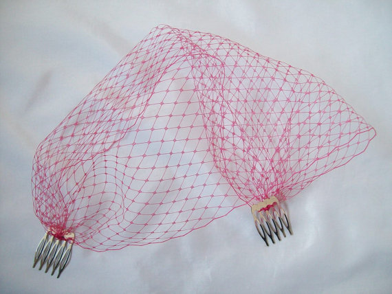 زفاف - Fine and Delicate Cerise Raspberry Pink Birdcage Bandeau Wedding Bridal Russian Veil - Comb Attachment