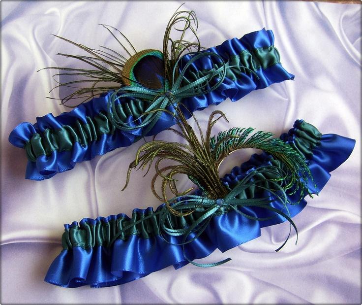 زفاف - Peacock Wedding Garters Set, Teal Royal Blue Bridal Garters, Something Blue, Peacock Feathers Garters