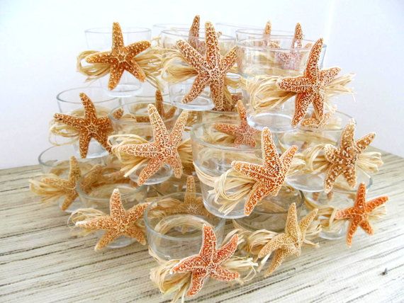 Wedding - Beach Wedding Decor Sugar Starfish Votives With Natural Raffia