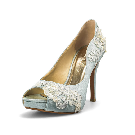 Hochzeit - Something Blue Wedding Shoes with Lace, Powder Blue Bridal Shoes, Pastel Blue Lace Wedding Shoe, Something Blue Wedding, Satin Wedding Shoes