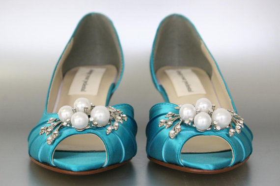 Wedding - Blue Wedding Shoes -- Mermaid Blue Peeptoe Wedding Shoes with Pearl and Rhinestone Adornment